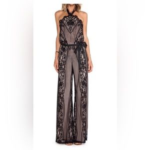 ALEXIS *Amadora* black tan lace halter keyhole jumpsuit catsuit XS